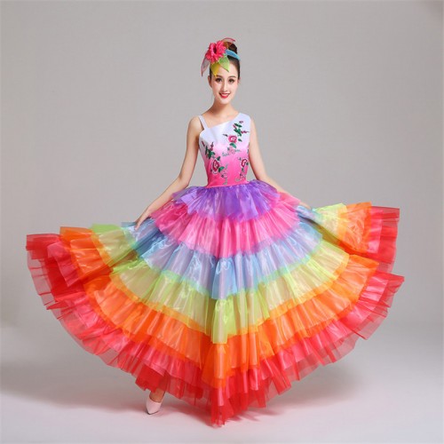 Women's girls rainbow colored flamenco Spanish bull dance dress opening dance ballroom dresses